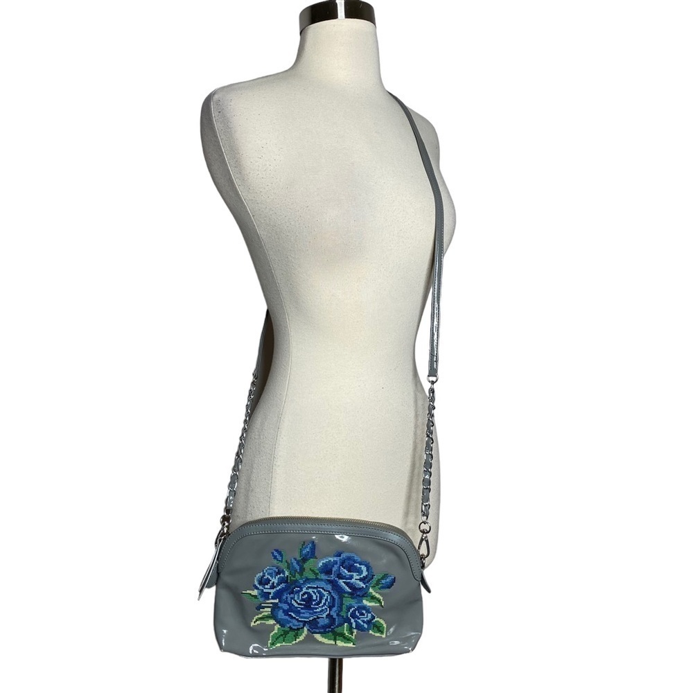 Sharif Patent Leather Gray Blue Embroidered Flower Crossbody Purse